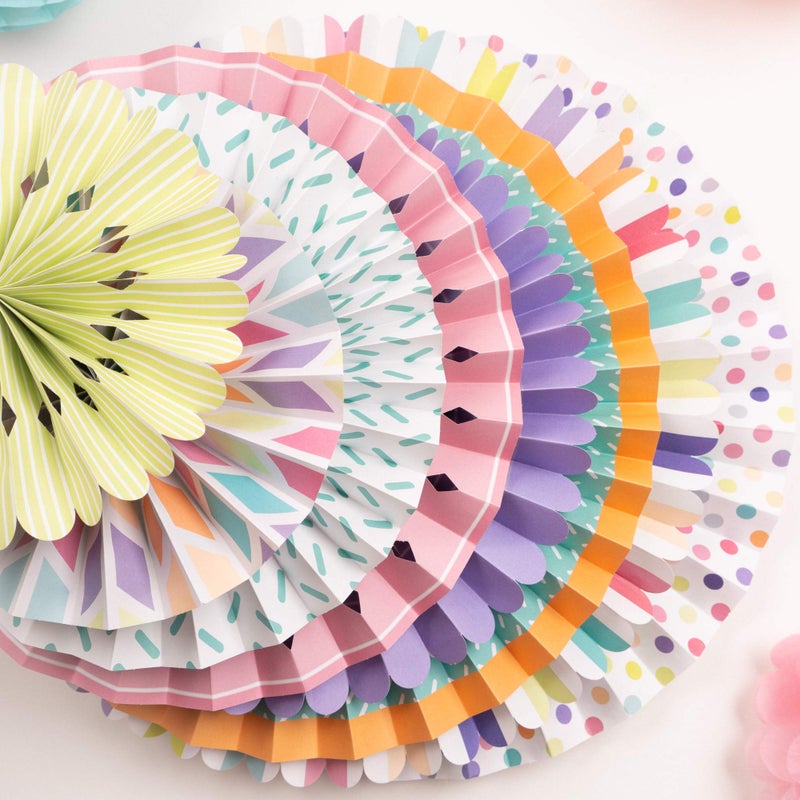 PapaKit Deluxe Origami Large Wall Decoration Set (Assorted Paper Fans & Pom-poms) Birthday Party Baby Shower Wedding Events Decor | Creative Art Design Pattern (Festive Colors, Deluxe 26 Piece Set) - Image 5